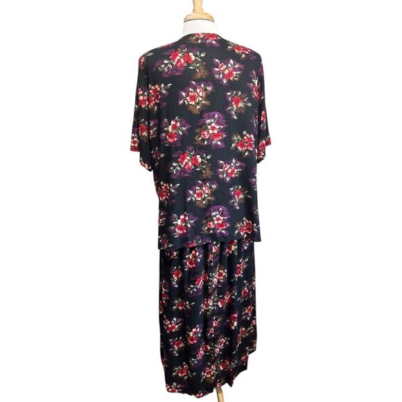 Vtg KATHIE LEE Black Red Tropical FLORAL 2 Piece Set Rayon Top Skirt PLUS 16W - Picture 5 of 8